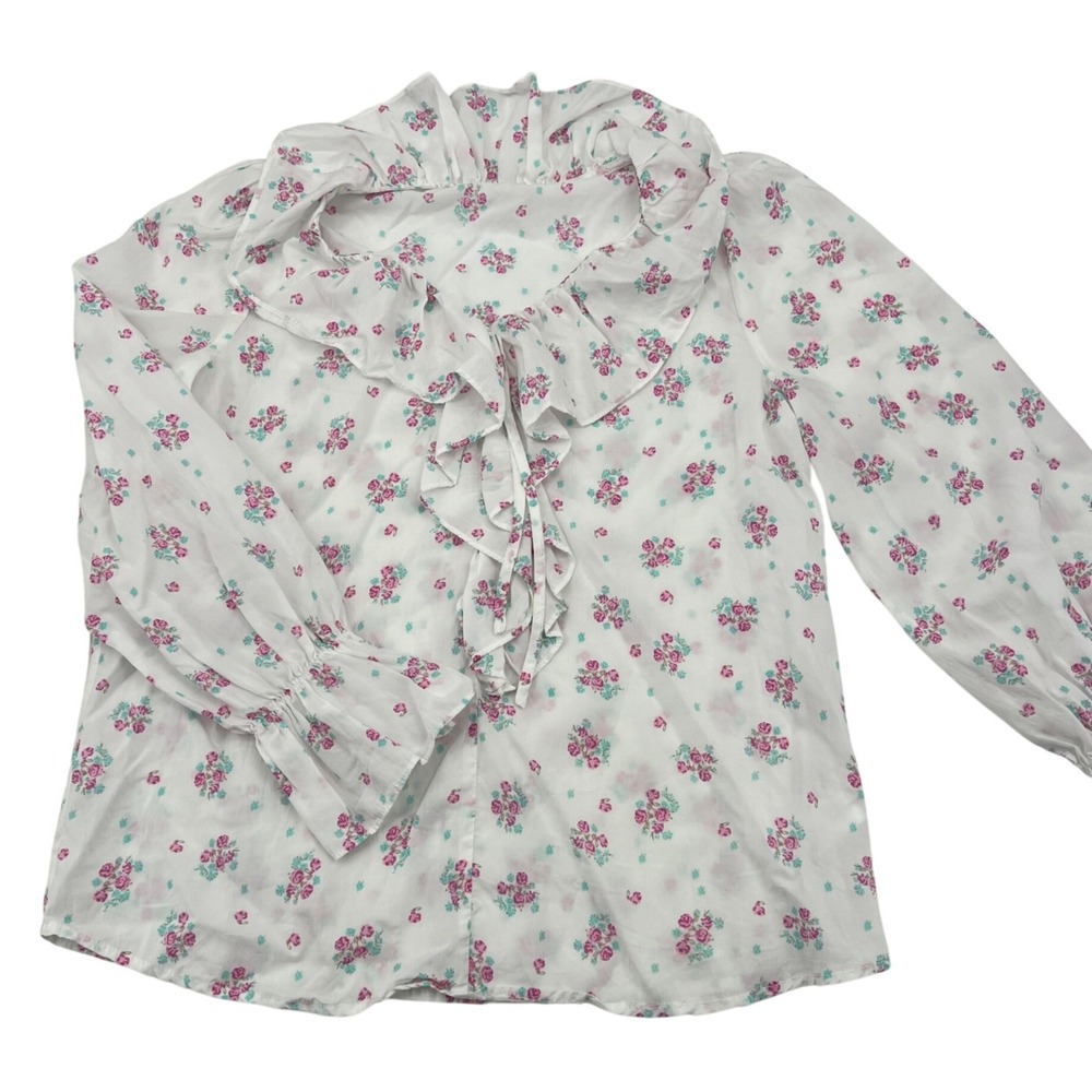 Cottage Roses Ruffle Collar Long‎ Sleeve Blouse By Miminus Size M White & Pink
